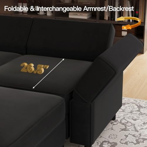 Belffin Modular Sectional Sofa with Ottomans Velvet Reversible Sleeper Chaise Bed Storage Seat Black