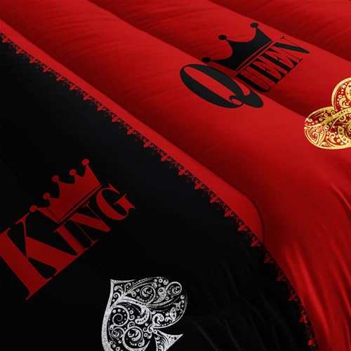 Image of AILONEN Red and Black Comforter Set Queen Size,3-Piece Crown K & Q Printed Couple Bedding Set,Bedroom Decor Soft Microfiber Comforter with 2 Pillowcases