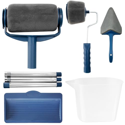 Kit premium di rulli di vernice estensibili da 8 pezzi per pareti e soffitti - Include pennelli, tamponi, vassoio, brocca e manico telescopico