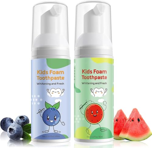 Toddler Foam Toothpaste with Low Fluoride Gentle Cleaning for Ages 3+ Mild Fruit Flavor Kids Foaming Toothpaste Compatible with U-Shaped Toothbrush (120 ML Watermelon & Blueberry)