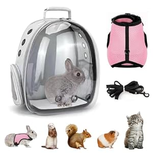 Small Pet Carrier Backpack Rabbit Carrier with Harness Vest Stretchy Elastic Leash Large Breathable Pet Carrier Airline Approved for Bunny Guinea Pig Ferret Hedgehog Kitten Travel Walking