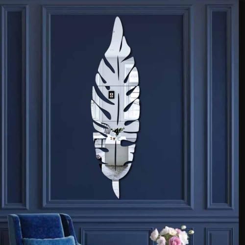 Image of Bikri Kendra - Banana Leaf Silver Mirror Stickers for Wall, Wall Mirror Stickers, 3D Acrylic Stickers, Plum Feather, Wall Stickers for Hall Room, Living Room Bed Room, Kitchen