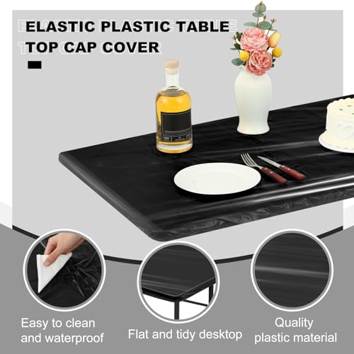 Image of Boao 12 Plastic Elastic Fitted Tablecloths, 8 Ft, 96 x 30 Inch, Black