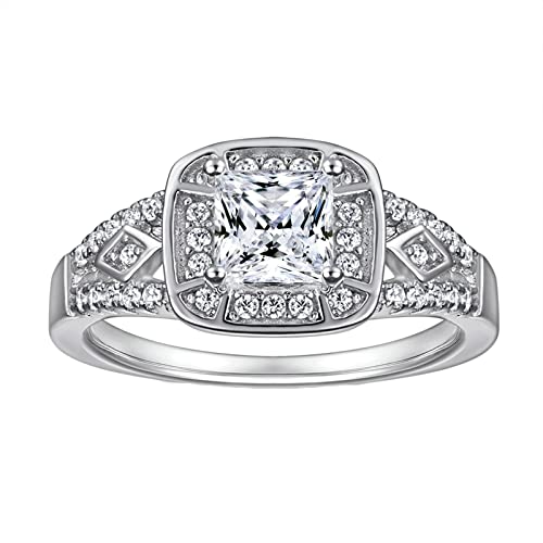 Bague Femme Argent et Pierre, Taille Princesse Blanc 5x5MM Zircon Halo Alliance en Diamant Pour Femme, Bague 51.5 Cover