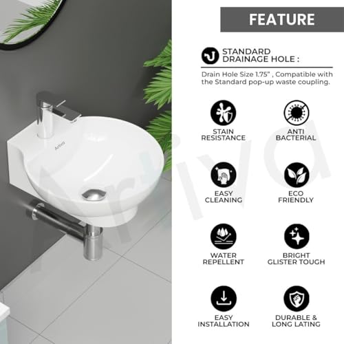 Image of Artiva White Ceramic Wash Basin Wall Mounted /Small Wash Basin for Bathroom /Glossy Finish Wall Hung Washbasin (White Color 11.5 x 12 x 5 Inch)
