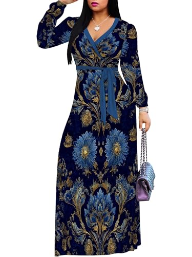 Image of SUZONANA Plus Size Dresses for Women Floral Print Maxi Dress Flowy 3 /4 Sleeve with Belt