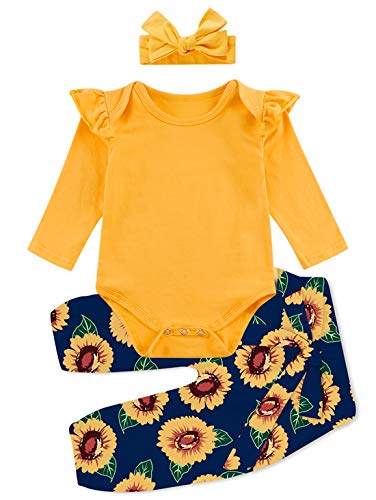 Baby Girls Outfits 3pcs Yellow Romper Top Sunflower Long Pants Newborn Boy Ruffle Shoulder Bodysuit Trouser Set with Headband Cute Half Birthday Gift(0-3 3-6 Months)