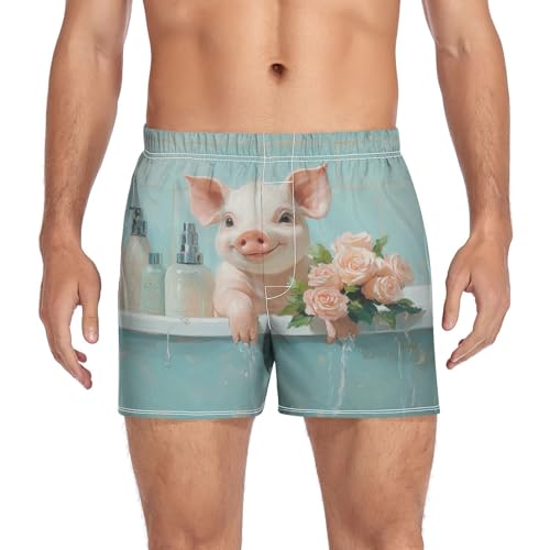 Cute Pig Bathtub Men's Cotton Boxer Shorts Moisture-Wicking Sleep Shorts Underwear Pajama Bottoms with Button Fly