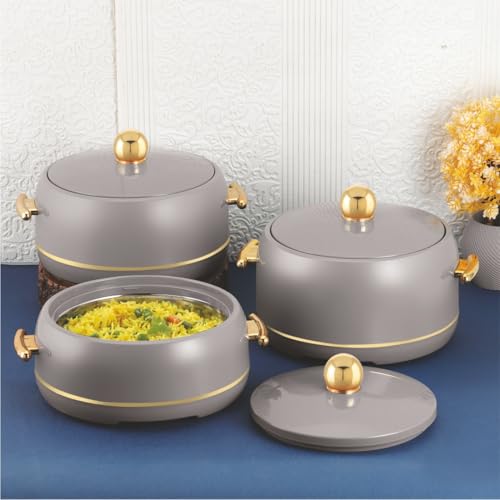 Image of Modware Atlantis Casserole Set of 3-1500ml /2000ml /2500ml Elegant Design Premium Hot Pot, Retains Temperature for Hours, Insulated Inner Steel Casserole for Roti Hot Box for Home Chapati Box (Grey)