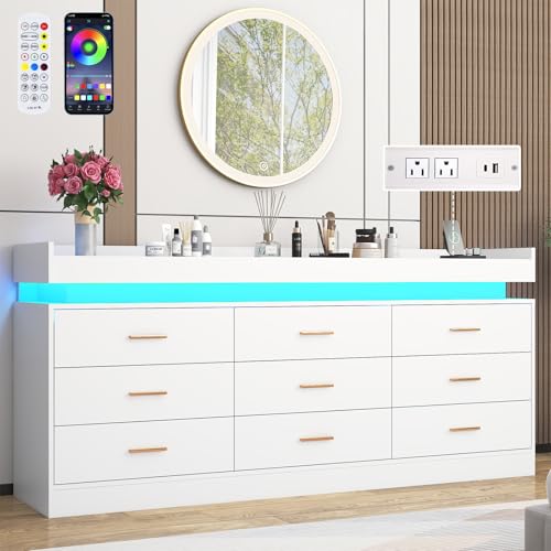 Image of Hlivelood 9 Drawer Dresser with LED Light and Charging Station, 63 inch Modern Chest of Drawers for Closet, Wide Drawer Organizer Cabinet for Bedroom, Living Room, Entryway, Hallway, White