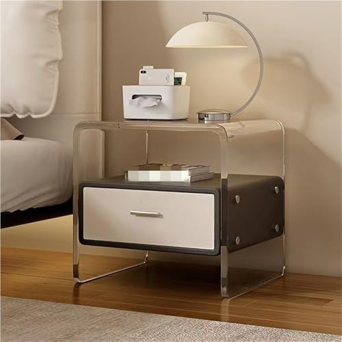Moderna mesita de noche de acrílico, mesita de noche transparente con almacenamiento, muebles elegantes para dormitorio y sala de estar, decoración elegante del hogar, acabado blanco, diseño que