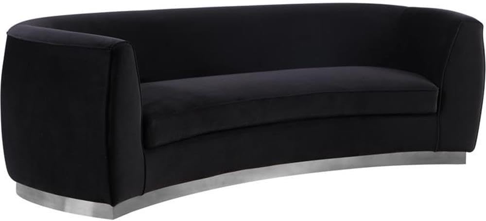 Meridian Furniture Julian Collection Modern | Contemporary Velvet Upholstered Sofa with Stainless Steel Base in Polished Chrome Finish, Black, 91.5" L x 36" D x 28" H