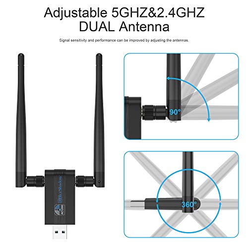 Blueshadow USB WiFi Adapter 1200Mbps -Dual Band 2.4G/5G Mini Wi-fi ac Wireless Network Card Dongle w/2x 5dBi External Antennas for Desktop Laptop PC Windows 10/8.1/8/7/XP, MAC (Upgrade with 2 PA)