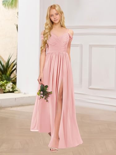 Off Shoulder Junior Bridesmaid Dresses A Line Chiffon Flower Girls Formal Dress with Pockets2