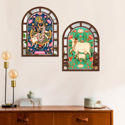 Image of Artvibes Shrinathji & Kamdhenu Cow Wall Hanging Decor | Decorative Wall Accent | Jharokha Mirror for Living Room, Hall, Bedroom, Pooja Room, Reception, & Entryway | Gift (WHJ 12038N), Set of 2
