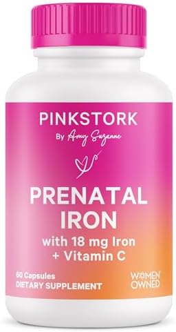Pink Stork Prenatal Iron Supplement for Women – 18 mg Non-Constipating Iron & Vitamin C for Pregnancy, Postpartum, & Breastfeeding – Focus, Fatigue, & Blood Cell Production – 2 Month Supply