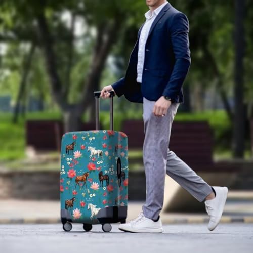 Horse Flowers Blue Travel Suitcase Protector Apply For 29-32 Inch Luggage Bag Anti-Scratch Lightweight Luggage Covers3