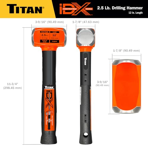 Image of Titan iDX 63612 2.5lb Drilling Hammer, Sledgehammer with 12 inch Indestructible Handle Reinforced with Steel Locking Plates & Steel Bars, Vulcanized Rubber Grip, Overtstrike Protection