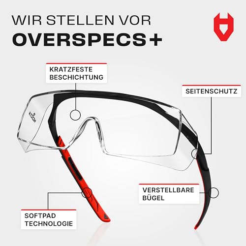 NoCry Sicherheits-Überbrille mit Kratzbeständigen Gläsern, Seitenschutz, Verstellbaren Bügeln, 400 UV-Schutz, schwarz roter Rahmen und EN166, EN170, EN172, EN175 Zertifiziert