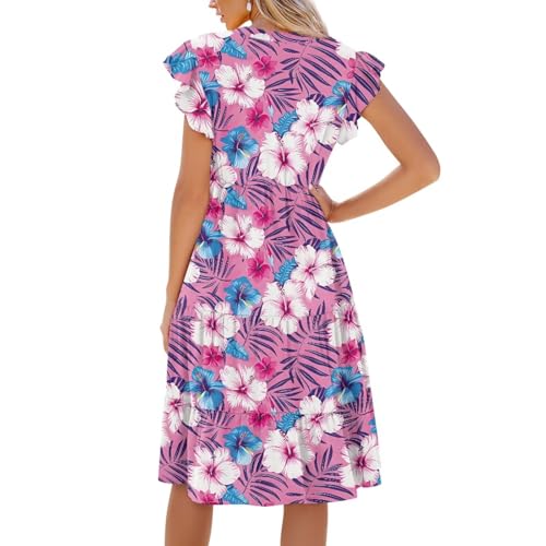 Image of Women's Casual Ruffle Sleeve Dress V Neck Pullover Dress Flowy A-Line Pleated Lightweight Dress with Pockets