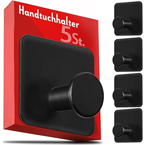 4smile Handtuchhalter ohne Bohren - 5 Stück schwarze Haken selbstklebend mit 3M-Klebepads - Klebehaken extra-stark, ideal als Handtuchhaken Cover