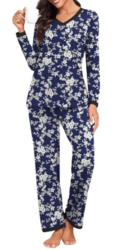 BISHUIGE 2025 Womens Pajama Set 2 Packs Comfy Long Sleeve V Neck Sleepwear With Pockets Ladies Soft Lounge Pants Set