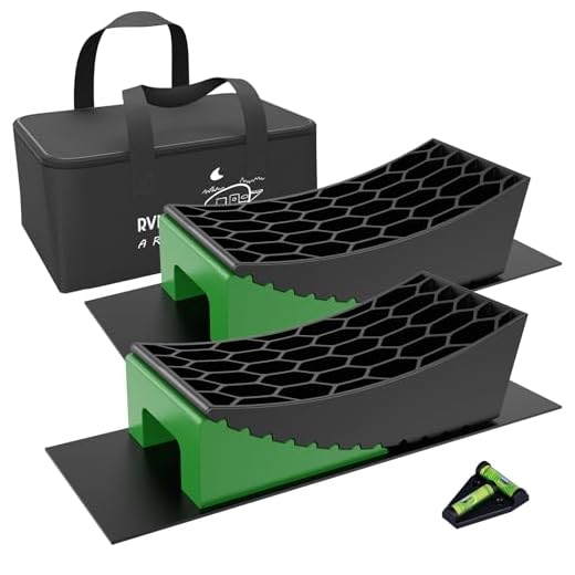 RVMATE Camper Levelers 8-Piece Kit RV Leveling Blocks Camper Wheel Chocks Including Two Curved Levelers, Two Chocks, Two Rubber Grip Mats, and Bonus Jack Pad in Storage Carrying Bag