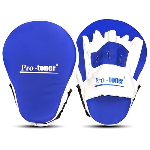 Image of Pro-Toner Boxing Focus Pads, Curved Maya Hide Leather, Hook and Jab Target Hand Pads, Black and White (Blue)