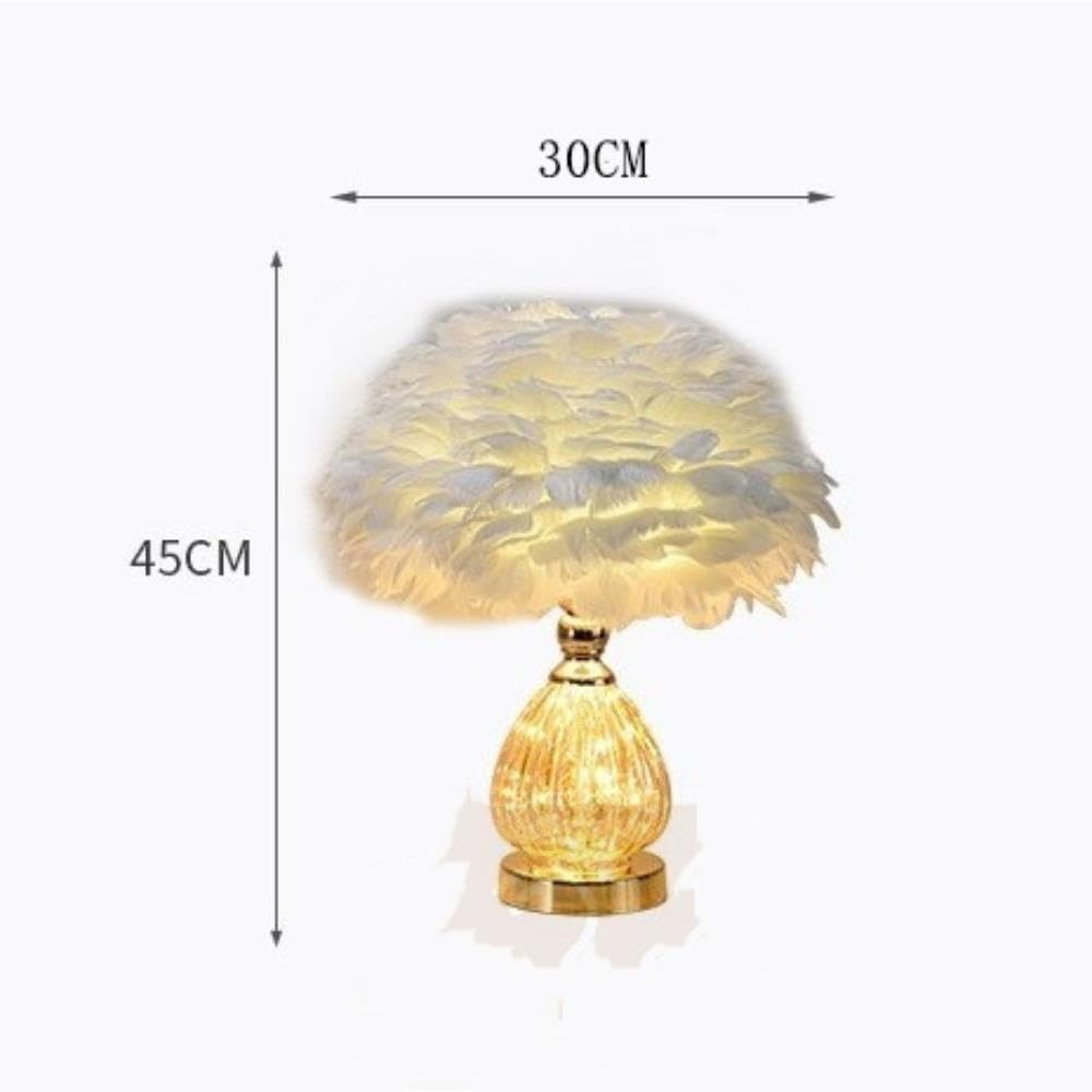 Lampada con piume, luce notturna ambientale romantica sul comodino | Paralume in piuma, base in ceramica, romantico, interruttore a pulsante, luce notturna(White)