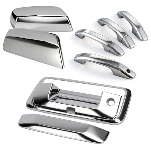 Chrome Door Handle Covers+Top Half Mirror Covers+Tailgate Cover (with Camera Hole) Compatible with Chevrolet Silverado GMC Sierra 1500 2500 3500 2014-2018 - Not for Towing Mirror