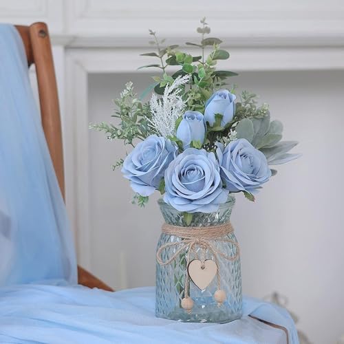 Rosas de seda con jarrón de cristal para centro de mesa de comedor 6