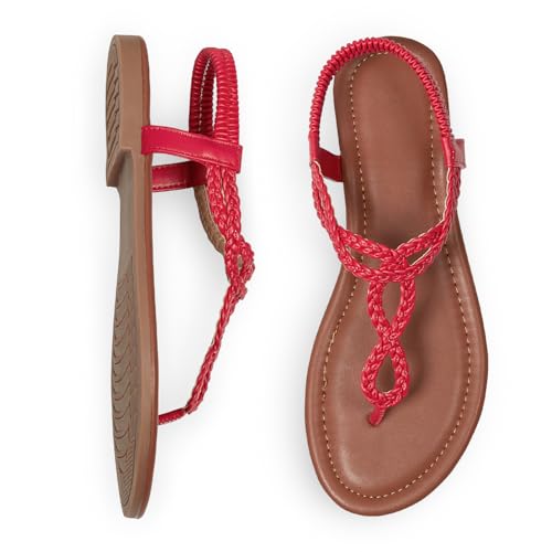 Image of iCKER Womens Braided T‑Strap Flat Sandals Elastic Stretch Ankle Strap | Boho cute casual lightweight and comfort matches dresses for beach vacation