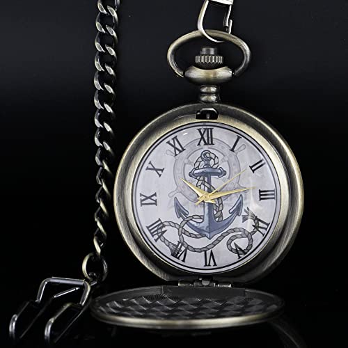 Image of Tiong Pocket Watch Anchor Pattern Design Roman Numerals Quartz with Chain Birthday Gifts