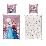 süß-e Disneys Die Eiskönigin Wende Bettwäsche-Set 135x200cm in Renforce / Linon Qualität Motiv: Bettwaesche Eiskönigin Elsa und Anna und Wende-Kopfkissen mit Olaf dem lustigen Schnee-Mann aus Frozen 1 und 2