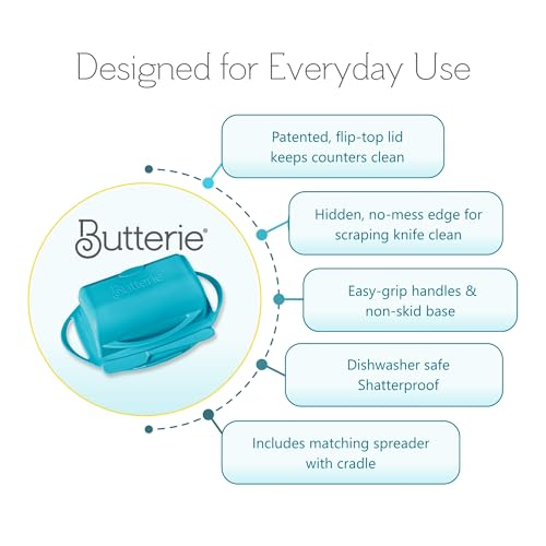 Image of Butterie Flip Top Butter Dish with Attached Lid & Matching Knife - Holds 2 Sticks, Fits Kerrygold /European Butter - BPA Free & Dishwasher Safe - Aqua