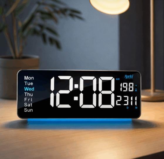 Image of Ajanta Digital Electric Wall Clock with Time, Temperature, Date & Day | RGB LED Night Light Display | USB Type-C Charger | 12 /24H Format & Snooze (White)
