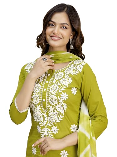 Image of TRENDMALLS Women's Cambric Cotton Embroidery Work Kurta Pant with Dupatta Set