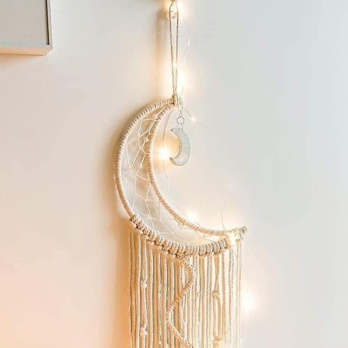 Koytoy Macrame Wall Hanging with LED Light,Moon Dream Catcher Woven Tapestry Bohemian Home Decor Wedding Party Ornaments Craft Gifts Ramadan Decorations for Home