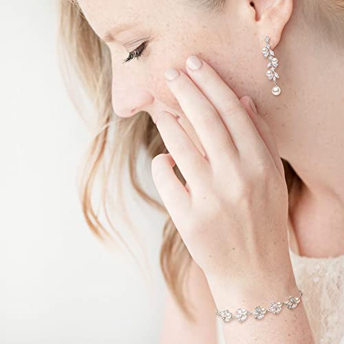 EleQueen Women's Simulated Pearl Wedding Jewelry Set, Cubic Zirconia Marquise Floral Bridal Necklace Earrings Bracelet Sets3