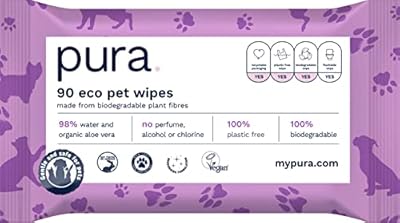 Pura Eco Pet Wipes for Dogs, Cats & Rabbits. 100% Plastic Free, 100% Biodegradable, Vegan. Great For Muddy Paws, Coats, Bottoms, Grooming & Cleaning 1 Pack of 90 Wipes