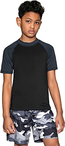 Tsla Upf 50+ Youth Kids Rash Guard Short Sleeve, Uv/Spf Surf Swim Shirt, Aqua Water Swimsuit Top, Short Sleeve Rashie Black & Charcoal, 10 #TOP1