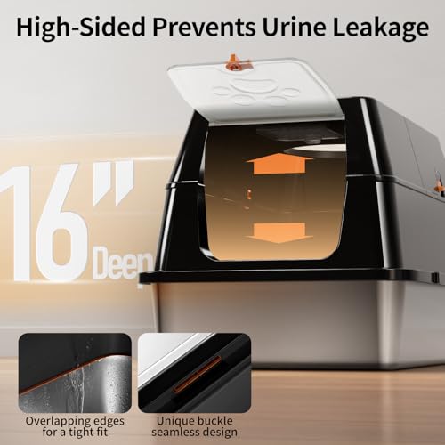 Image of Stainless Steel Cat Litter Box with Lid, 180 Flip-Top XL Extra Large Enclosed Litter Box, Covered Metal High Sided Litter Pan with Steps & Scoop, Easy Cleaning, Odor Control,Non-Sticky-Black