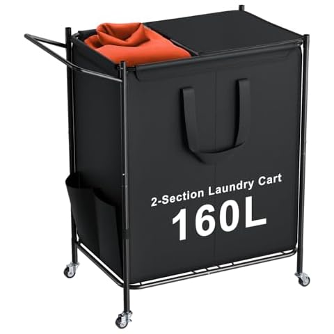 XLHOMO Laundry Basket with Wheels, 2-Section Rolling Laundry Hamper with Removable Liner, 42 Gallons (160L) Laundry Sorter Cart, Clothes Hamper Sturdy Metal Frame with Handle, Effortless Movement Cover