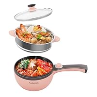 Audecook Elektrische Hot Pot mit Dampfgarer, 1.5 L/20cm Elektrischer Bratpfanne Hotpot Topf Antihaft Mini Elektropfanne, Multikocher für Wohnheim Ramen, Steak (C (rosa/1,5 l mit Dampfgarer))