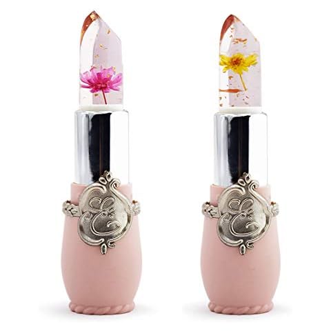 Gaetooely 2 Pcs Beauty Bright Flower Crystal Jelly Lipstick Magic Temperature Change Color Lip Balm Makeup, Rose with Lemon Yellow Cover