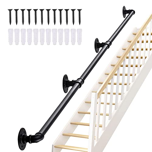 Seeutek Staircase Handrails 8FT Handrails for Indoor Stairs Stair Railing Hand Railings for Stairs Metal Railing Black Wrought Iron Pipe Handrail with Wall Mount Support