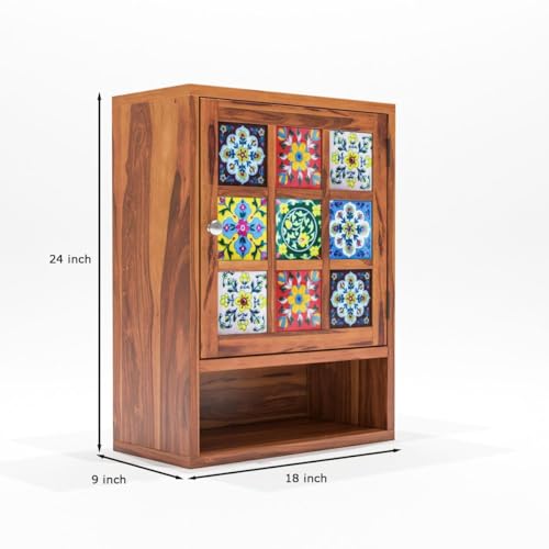 Image of Sheesham Wood Kitchen Cabinet for Home | Wall Mounted Kitchen Rack with Storage | Wooden Kitchen Unit /Organizer with 1 Door & 1 Shelf Storage (Honey Finish)