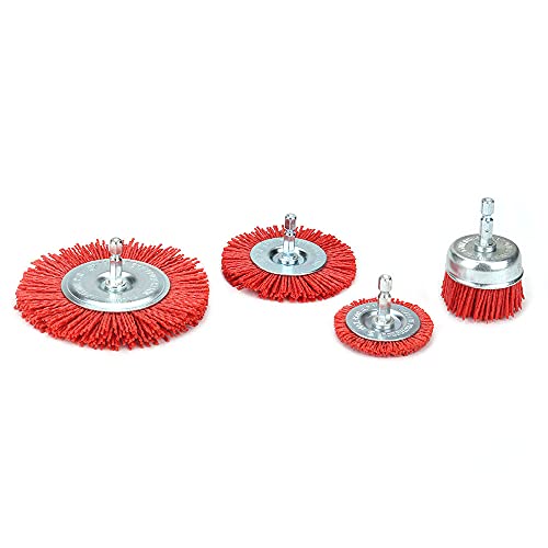 Image of 4 Pack Nylon Filament Abrasive Wire Brush Polishing Wheel with 1 /4 inch Hex Shank Surface Cleaning Rust Removal Red 120#