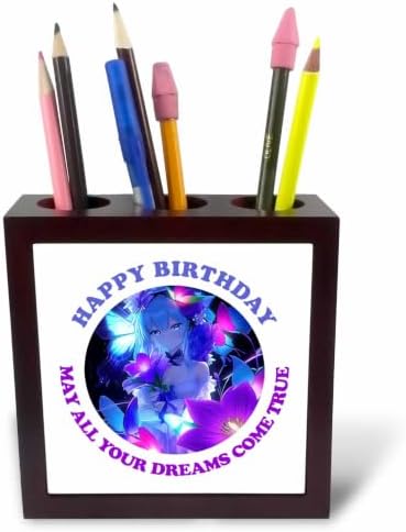 3dRose Manga girl and flowers. Neon colors. Happy birthday greeting card 5 inch tile pen holder image 2