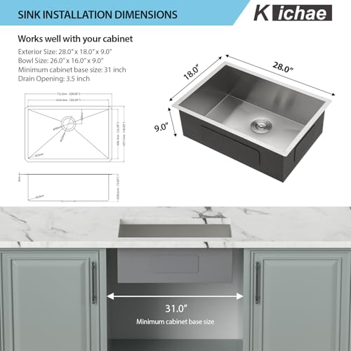 Kichae 28 Inch Undermount Kitchen Sink Single Bowl 16 Gauge Stainless Steel by Kichae - Used condition - Image 2